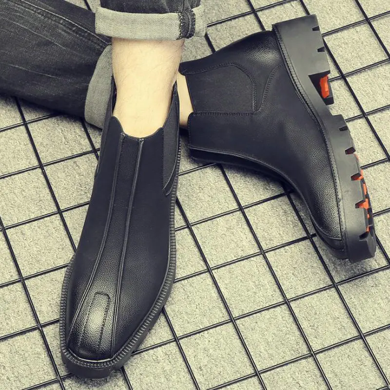

High Quality Autumn Motorcycle Ankle Boots Mens Shoes Pointed Toe Chelsea Boots Men Outdoor Work Leather Boots A57-76