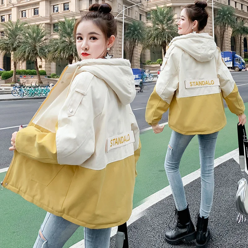 

2020 autumn and winter Korean version of Harajuku bf cotton coat color matching tooling coat women loose lamb wool coat