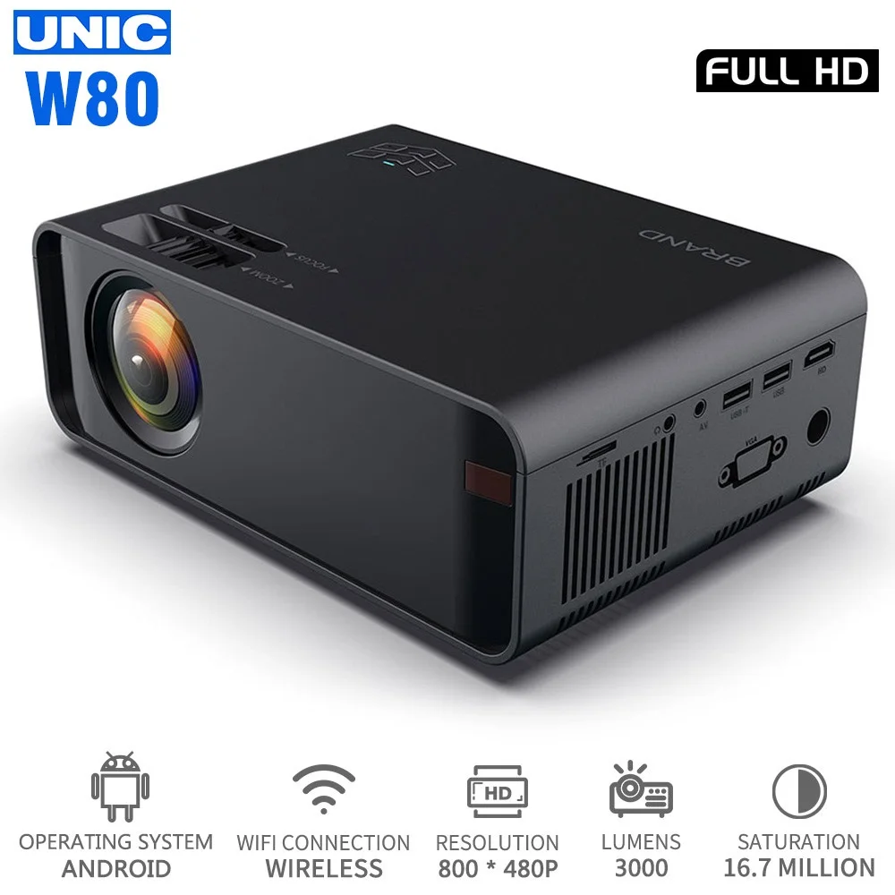 Светодиодный проектор UNIC W80 Full HD 1080P 3000LM 4K Wi Fi HDMI USB Bluetooth ЖК дисплей домашний