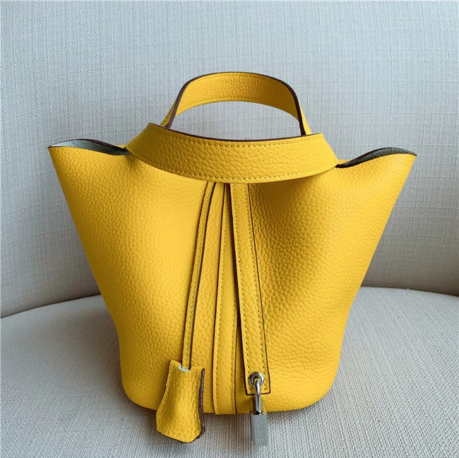 Yellow original Брендовая сумка из натуральной воловьей кожи, женская сумка-ведро, большой замок, дизайнерская Высококачественная сумка-тоут на плечо, Прямая, Ins - Цвет: Yellow original