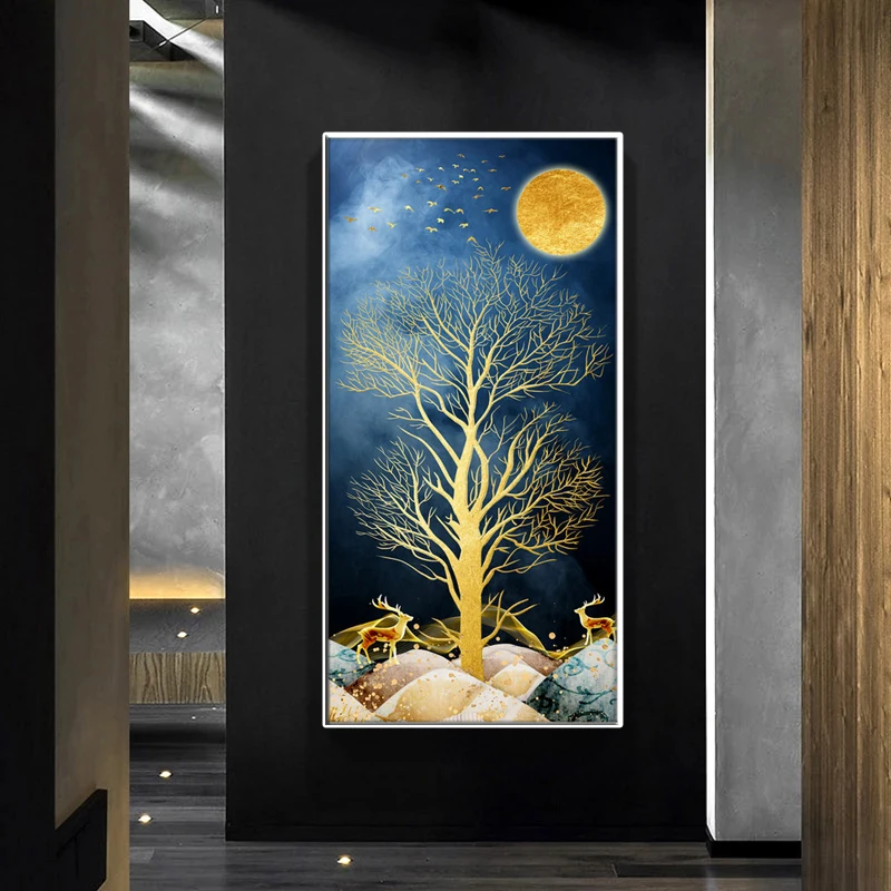 Скандинавский современный золотой лунный олень дерево и настенный плакат принты