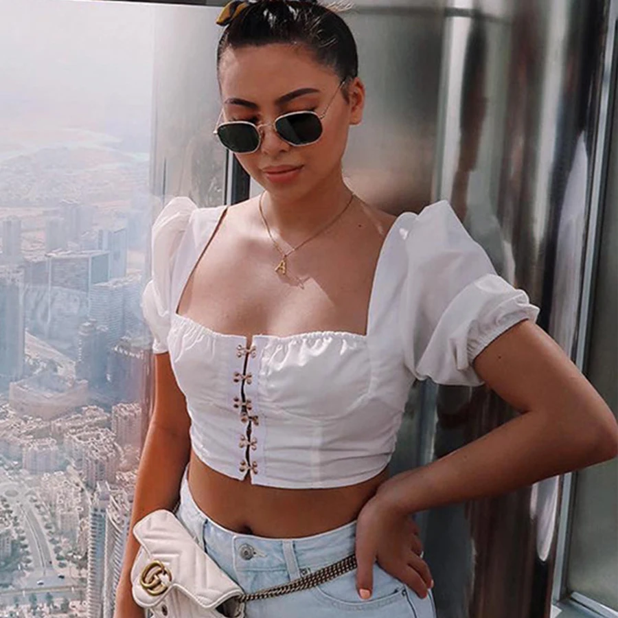 

Sexy Square Collar Short T-shirts Women Solid Plus Size Short Sleeve Puff Sleeve Tops Female Summer Fashion Simple T-shirts New