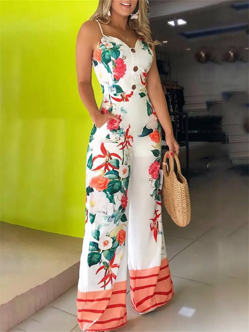 

2019 Autumn Women Elegant Brief V-Neck Casual Jumpsuit Female Vacation Wide Leg Jumpsuit Spaghetti Strap Floral Print Jumpsuit