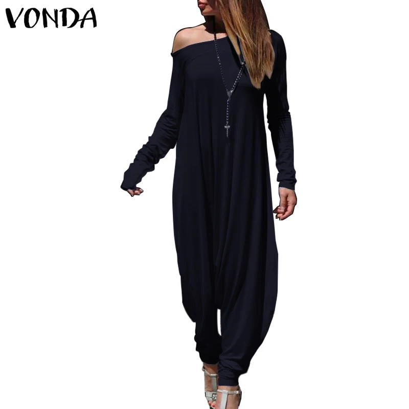 VONDA, сексуальный комбинезон на одно плечо с длинным рукавом, женские комбинезоны размера плюс, богемные осенние длинные штаны, элегантные комбинезоны, Pabtalon - Цвет: Темно-синий