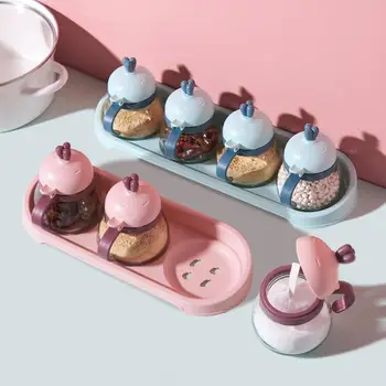 

Seasoning Storage Box Set Glass Cooking Spices Salt Pepper With Spoon Lid Condiment Cruet Bottle Turnip Pineapple Pot Spice Jar