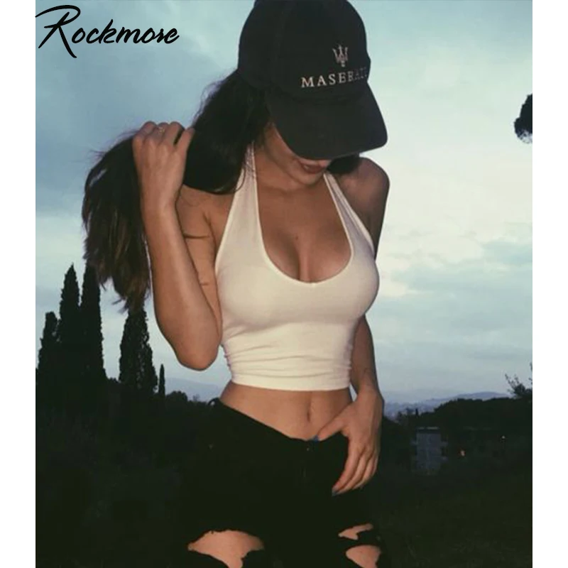 Rockmore с открытыми плечами Холтер майка Женская Тощий Фитнес Halterneck укороченный топ работа открытая спина Сексуальная майка повседневная майка Femme