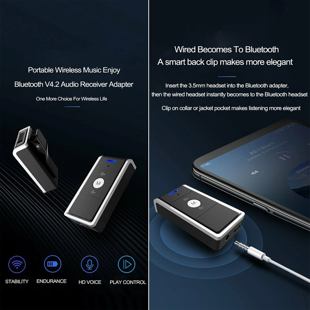 Aux стерео аудио приемник Беспроводной Hi-Fi дома ABS Bluetooth V4.2 с креплением сзади Портативный Музыка адаптер автомобильные хэндс-фри 3,5 мм Jack
