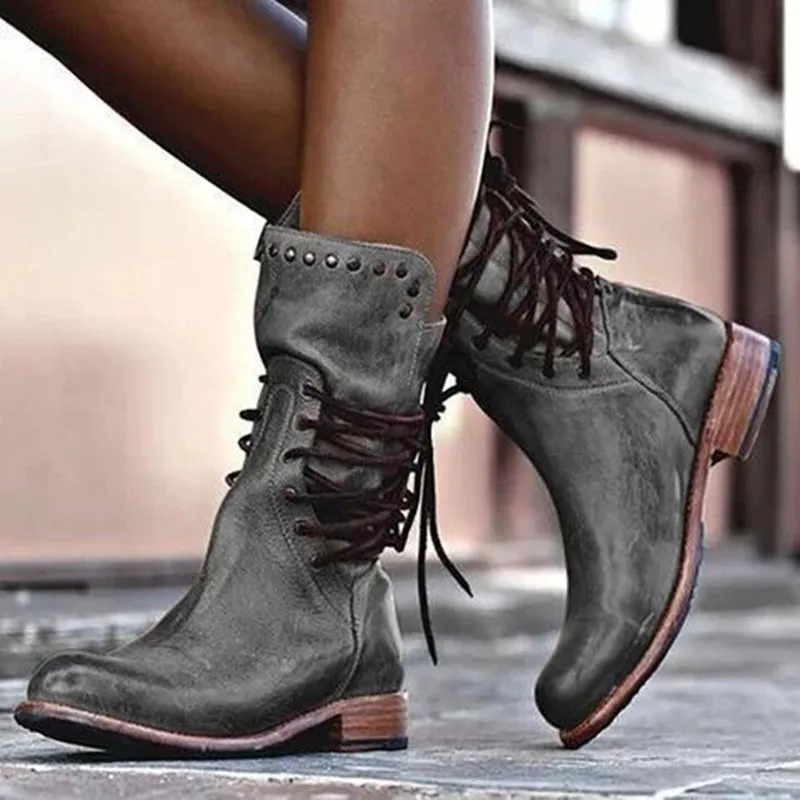 Online Winter Women PU Leather Mid Calf Boots Lace Up Zipper Thick Heel Boots Rivet Short Tube Women Shoes Fashion Female Martin Boots