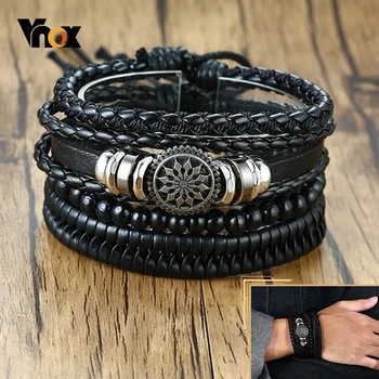 Vnox 4pcs/ set Adjustable Leather Bracelets for Men Braided PU Black Brown Bangle Life Tree Leaf Rudder Charm Bracelet Gift
