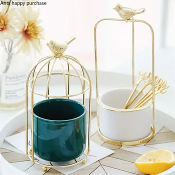 

White Ceramics Iron Art Fruit Fork Storage Tube Birdcage Gold Stirring Spoon Storage Decoration Living Room Fruit Fork Set