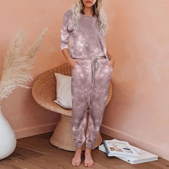 

Women Tie-Dye Printed Pajama Set Round Neck Long Sleeve Top + Pants Set with Elastic Drawstring Waistband And Side Pockets