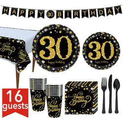 Vaisselle jetable en papier or noir, 30e 40e 50e 60e 70e 80e, décoration de fête d'anniversaire, de mariage 