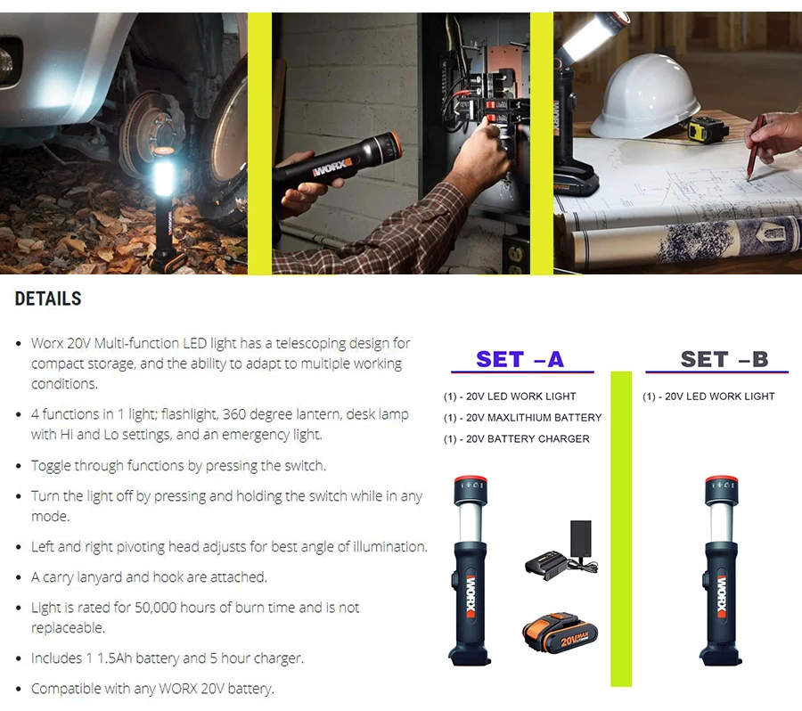 WORX 20V Power Share Multi-Function LED Flashlight with Battery for sale online 