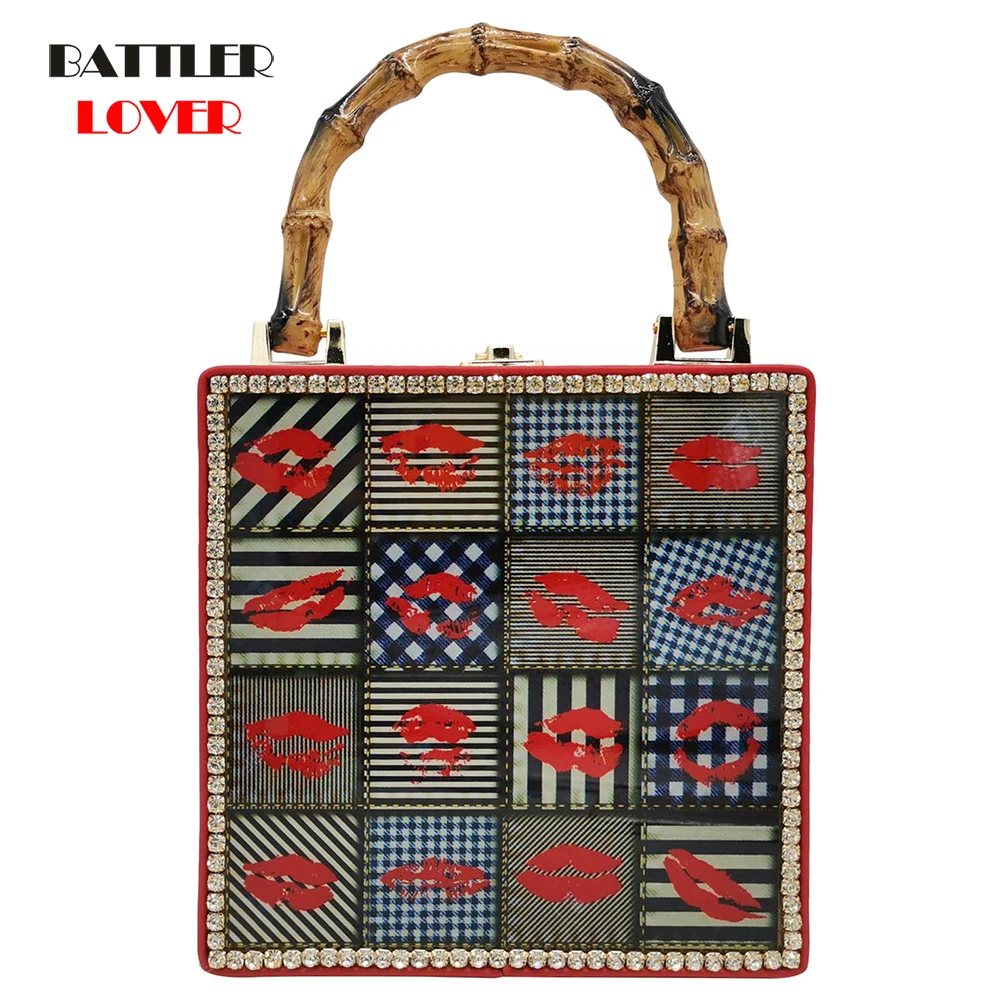 Fashion Cartoon Printing Box Women Handbag Lock Flap Purse Bamboo Handle Pochette Original Designer Damond Lady Shoulder Bags