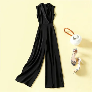 

Women elegant brief white jumpsuit summer 2020 notched collar sleeveless office lady OL style sexy black jumpsuits rompers