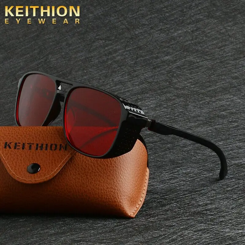 

KEITHION 2019 New Retro SteamPunk Sunglasses Women Brand Designer Side Mesh Round Punk sunglasses men Red Grey Lens UV400