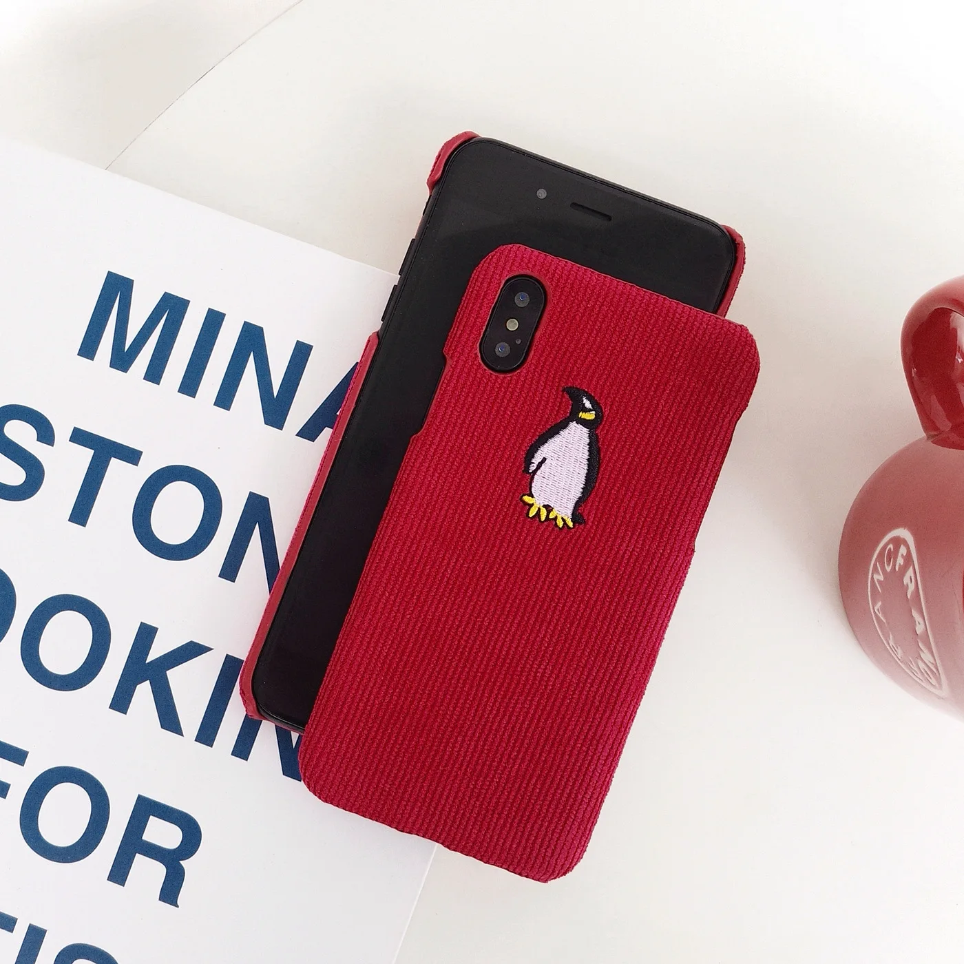 Зимний тканевый чехол для телефона для iPhone 11 Pro 6 6S 7 8 Plus чехол милый жираф кролик плюшевый чехол для iPhone X XR XS MAX чехол - Цвет: Penguin Red