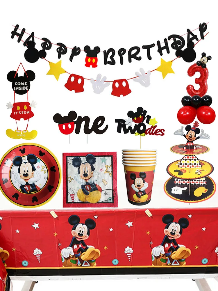 Mickey Mouse Theme Party Banner Party 6 People Disposable Plate Napkin Cup Cake Toppers for Kids Favor Flag Decoration Gifts