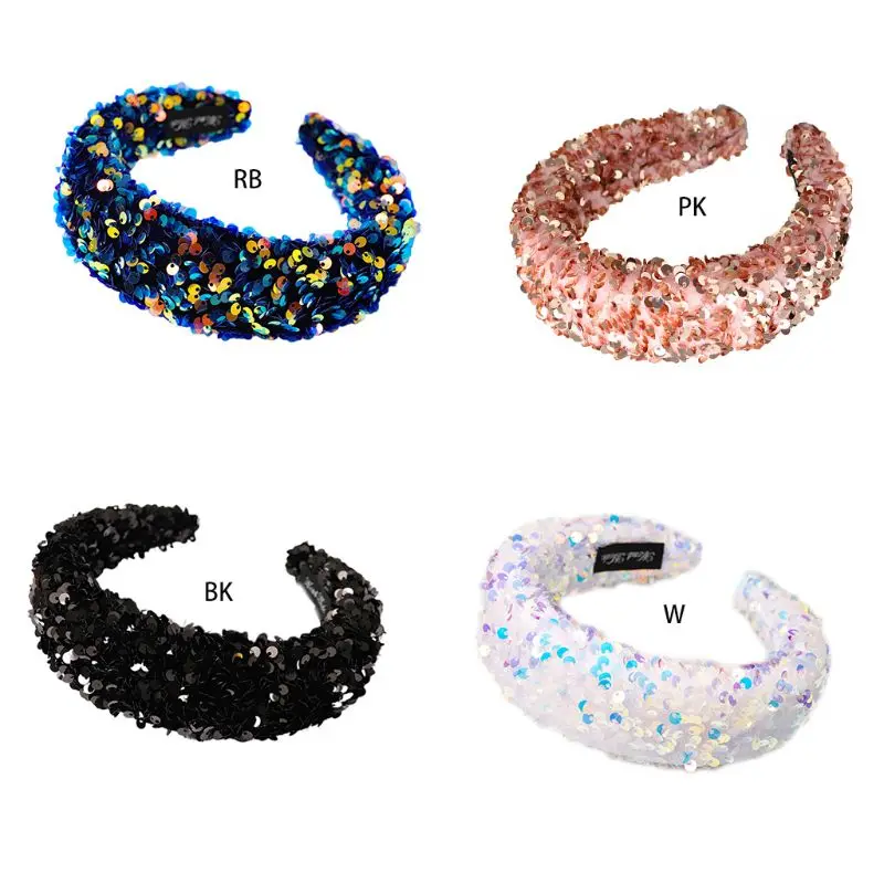 Women Girl Glitter Sequins Wide Headband Reflective Colorful Sponge Padded Hair Hoop Dance Party Styling Thick Boutique Headwear | Красота и