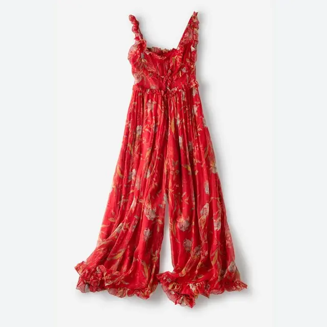 Women Silk Red Floral Printed Ruffled Jumpsuit- Ladies Top Quality Playsuit