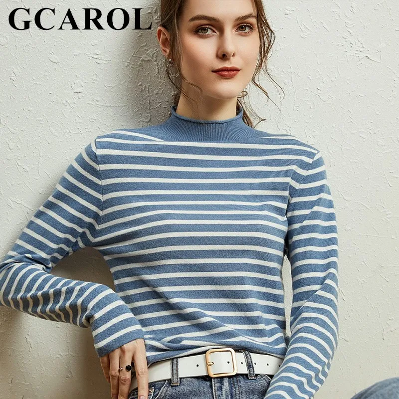 GCAROL Women Half High Collar Striped Sweater 30% Wool Slim Skin-friendly Knit Pullover Warm Soft Fall Winter Bottom Jumper 2XL | Женская