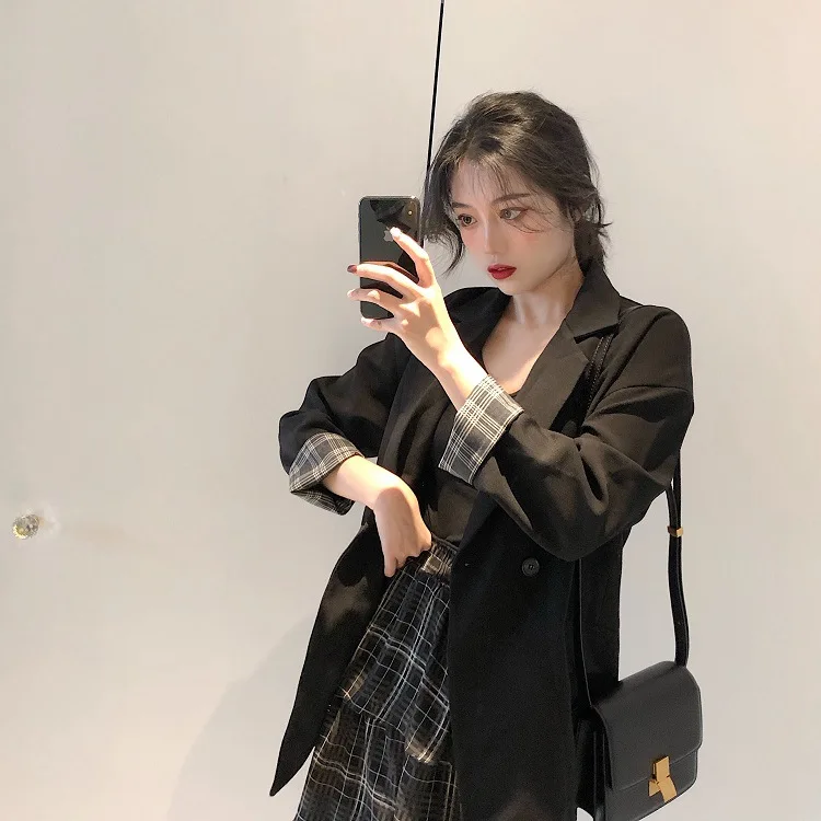 

Korean-style CHIC Spring Clothing Loose Casual Elegant Tops Retro Joint Black with Thin Look Suit Jacket Women's