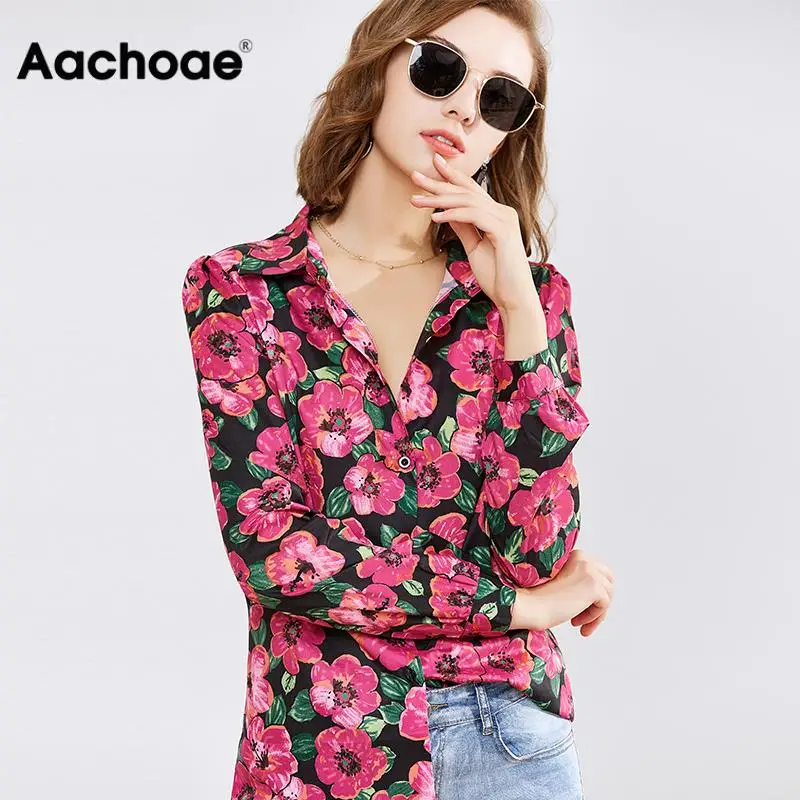  Aachoae женские рубашки 2020 с длинным рукавом Повседневные Блузки с цветочным принтом рубашка с отложным воротником женские офисные Топы C…