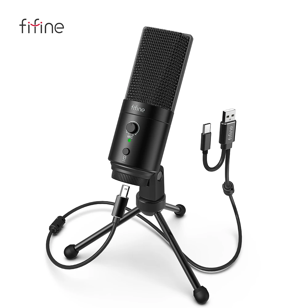 FIFINE 192KHz/24bit USB&Type-C Microphone with Mute Button  Gain Control Condenser PC MIC for Cardioid Studio Recording-K683A