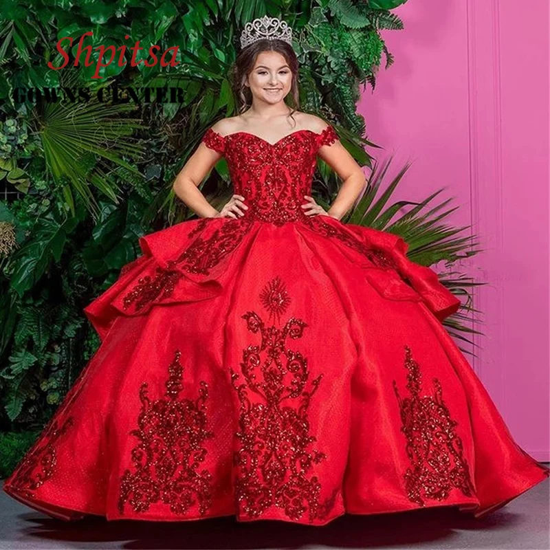 

Red Quinceanera Dresses Ball Gown Satin Puffy Plus Size Women Masquerade Sequin Long Prom Sixteen Sweet 16 Dress for 15 Years
