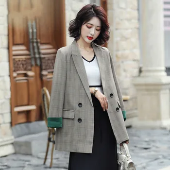 

Women's single coat 2019 autumn new casual fashion temperament loose wild lattice double-breasted small suit women's shirt