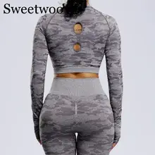 SWEETWOO Camo бесшовный топ для йоги топы Спортивные с длинными рукавами для женщин Открытая Спина фитнес-тренажерный зал укороченный Топ Спортивная рубашка женская спортивная одежда