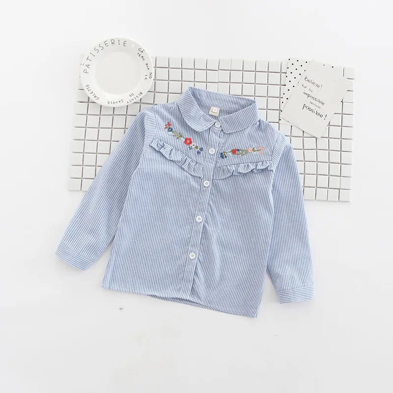 Детская одежда; сезон весна-осень; Детская рубашка с длинными рукавами для девочек Рубашка в Корейском стиле с цветочной вышивкой для маленьких детей