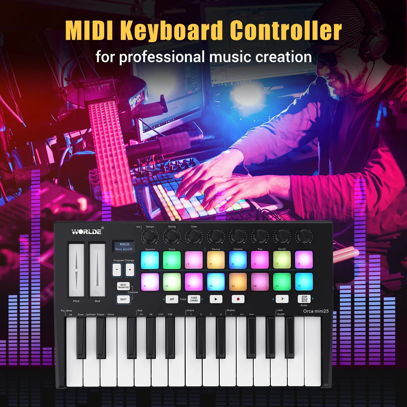 Electronic Musical Instrument WORLDE Panda MIDI Keyboard MIDI Controller Drum Pad MINI 25Key Portable USB Keyboard Controller professional Synthesize