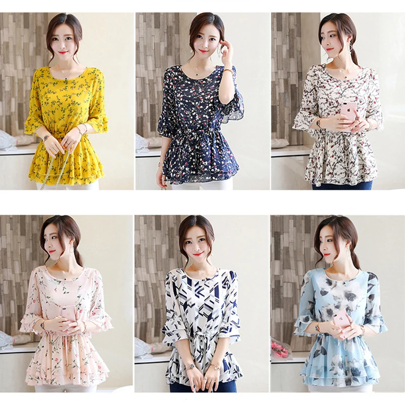 Floral Chiffon Blouse Women Summer Korean Ruffle Peplum Top Ladies 2020 Elegant Plus Size Office Shirt Female Camisas Femininas 6