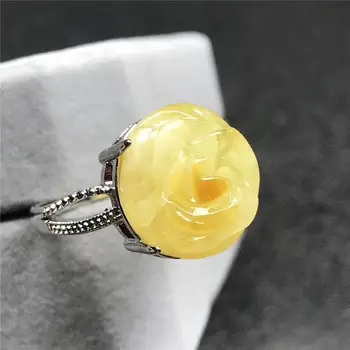 

15x14mm Top Natural Yellow Amber Ring For Woman Lady Man Flower Carved Crystal Beads Silver Stone Adjustable Ring Jewelry AAAAA