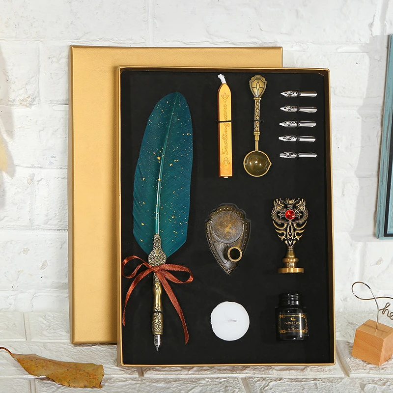 

Luxury Fountain Pen Set Birthday Set Gift Box Style Retro Sprinkling Gold Feather Pen Dtudent British Dip Water Feather Pen Set