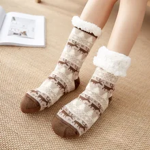 Зимние женские тапочки; домашние носки; рождественские носки-тапочки с лосем; женские плюшевые теплые Нескользящие домашние носки; ковровые носки; носки для сна