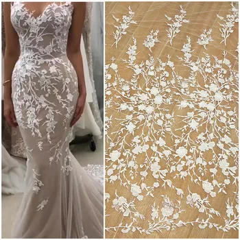 

1 Meter long, 130cm height IVORY dress lace fabric tulle mesh, top quality 2020 new design in stock wedding gowns lace
