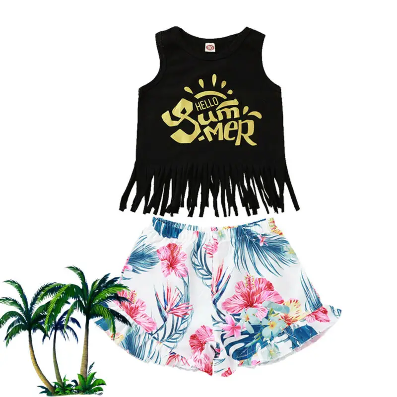

New Summer 2pcs Children's Clothes Sleeveless Tassel Clothes Shirt Tops Short Pants Set for 1-4Y Toddler Baby Girls Outfit Sets