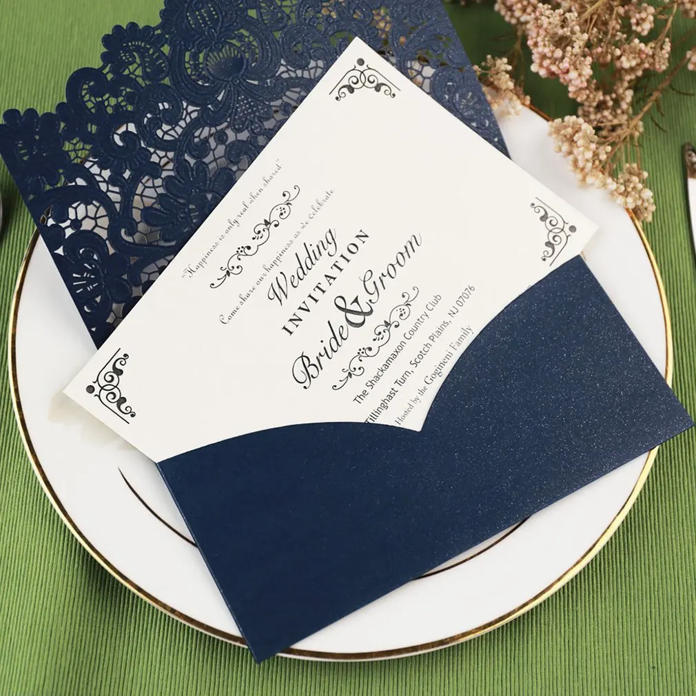 Exquisite Design Invitation Pockets Case for Bridal Showers Wedding Invitations Birthday Fancy Parties Laser Cut Blue