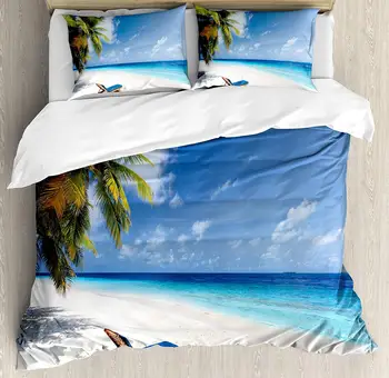 

Seaside Duvet Cover Set King Size Tropical Beach Chair Sand Palm Trees Sunny Summer Exotic Travel Theme Decorative 3 Piece Bed