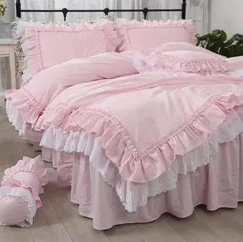 

Princess pink ruffled bedding set,twin full queen king cotton french single double home textile bedskirt pillow case quilt cover