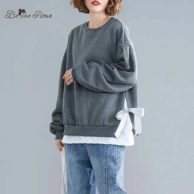 deep gray BelineRosa Korean Casual Style Pure Color Long Sleeve Winter Hoodies Double Deck Flocking Loose Tops for Women NNDM0016 - Цвет: deep gray