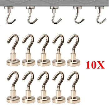 

10pcs Magnetic Hooks Powerful Hook Magnet Holder 10kg Suction Wall Hook Holder Support Hardware Magnetic Tool Silver