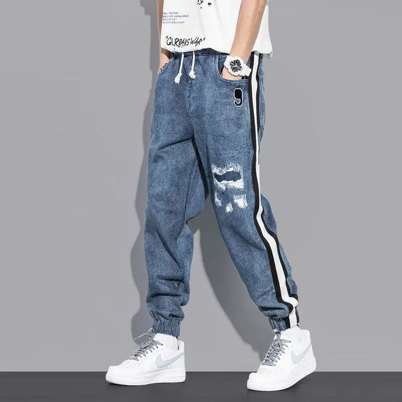 

2021 new men's jeans pants casual outdoor striped elastic waist patch stretch pants plus size men's pants