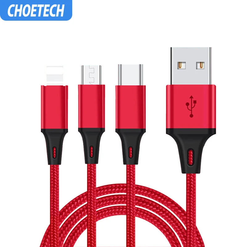 CHOETECH 3 в 1 USB кабель многократная зарядка 2.4A Тип C Micro кабели для мобильных