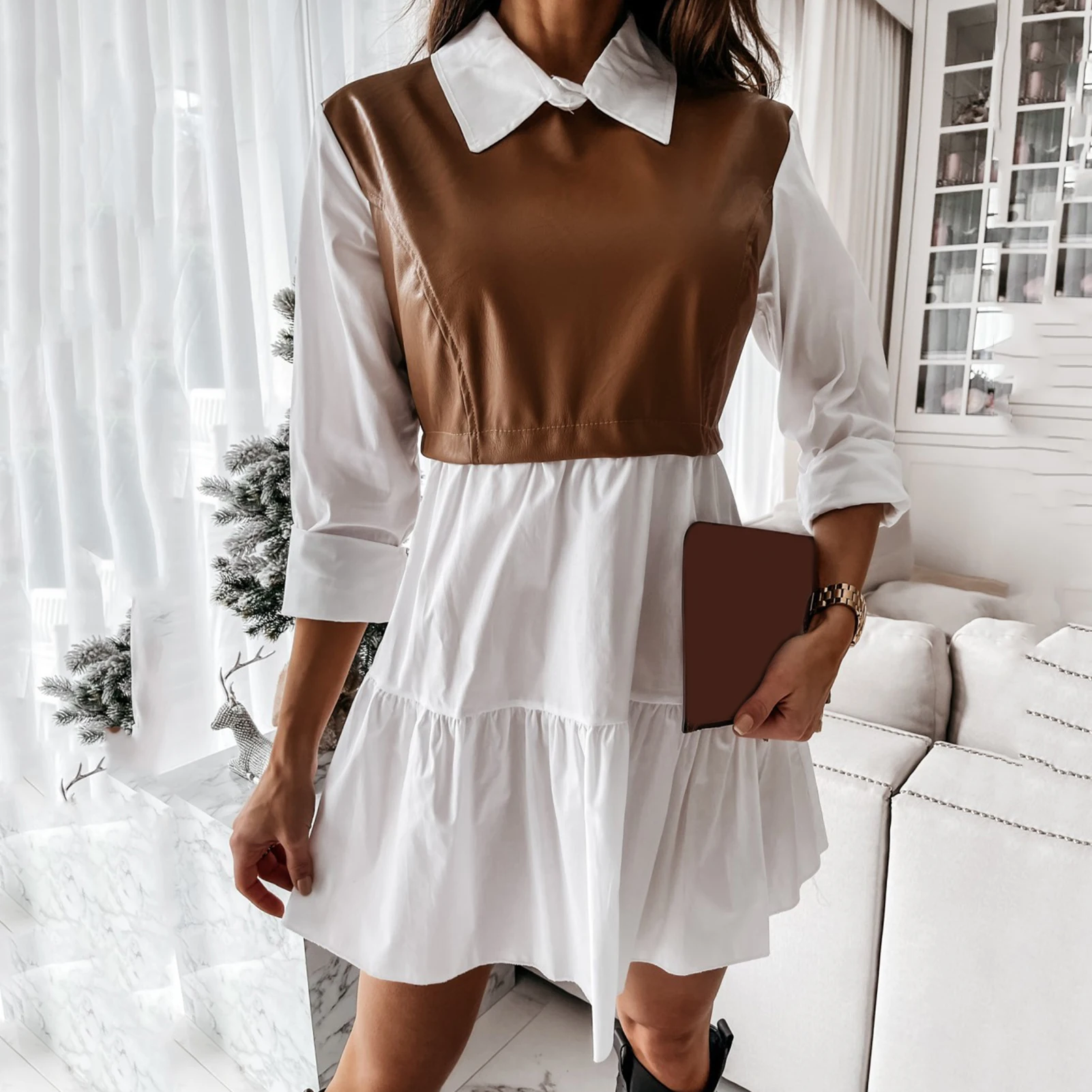 2021 Fashion Women Lace Long Sleeve Zipper Pocket Large Hem Faux Leather Mini Dress Women's Clothing женское платье vestidos 5XL zara dresses