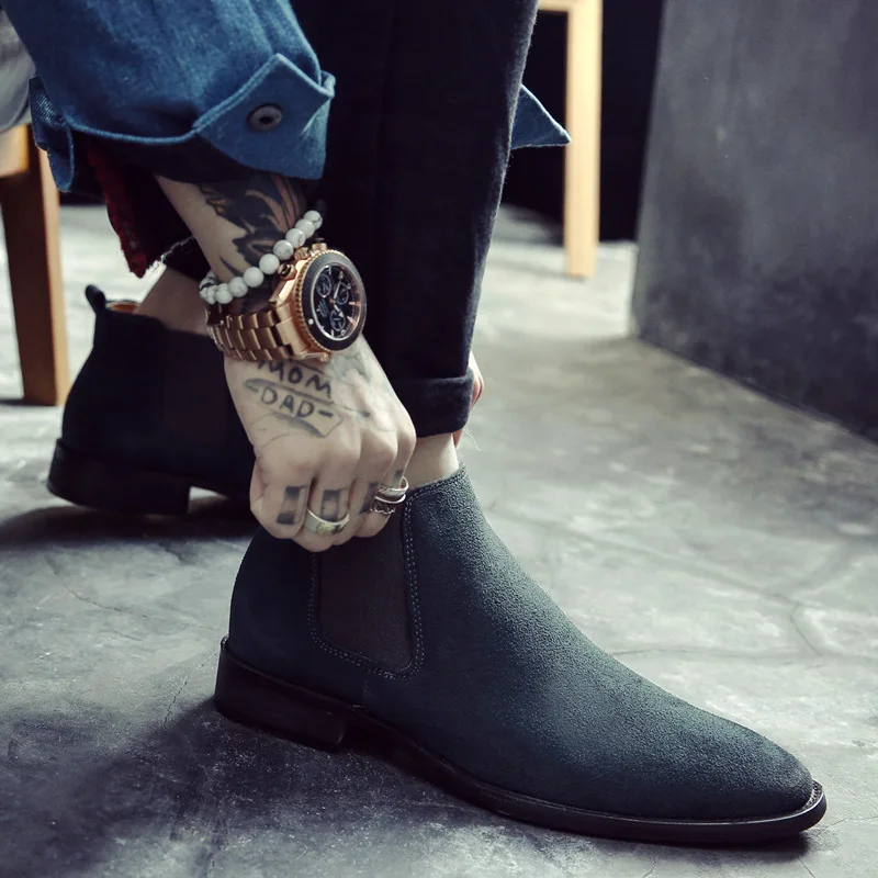 

Flock Fashion Pointed Toe Ankle Men Chelsea Boots Slip-On Low Vintage Motorcycle Boots Solid Spring Autumm British Style Shoes