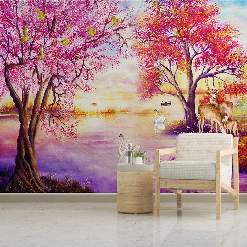 

Drop Shipping Custom Wall Mural Home Decor Wallpaper European Style Oil Painting Forest Tree Elk Swan Lake Photo Picture