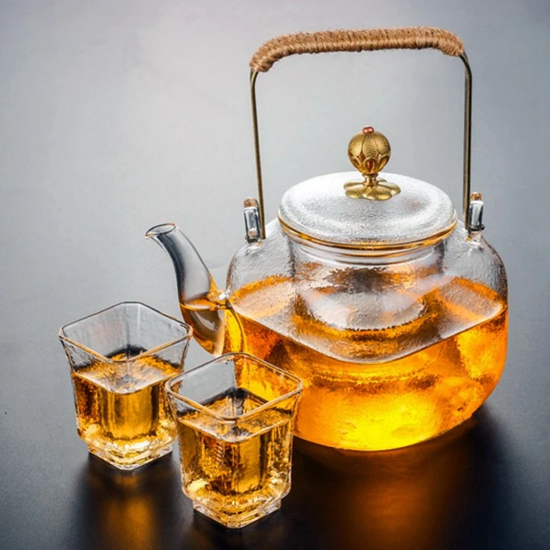 SZS Hot High Heat Resistant Borosilicate 700Ml Teapot Clear Glass Heat Resistant Square Shape Hammer Pattern Pure Copper Teapo